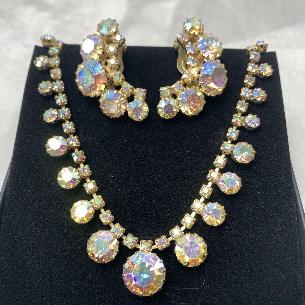 Vintage AB Rhinestone Necklace Earrings Set Gold Tone Statement Bridal Glam